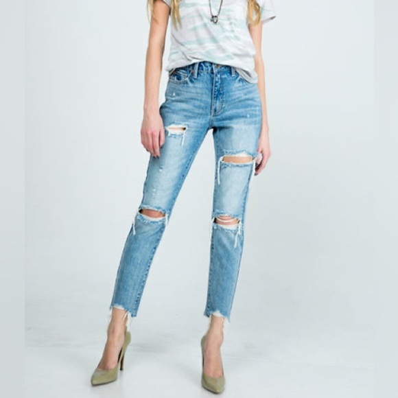 Special A High Rise Mom Jeans Distressed Cotton‎ Ankle Fray Blue Womens 3 or 27 - Picture 1 of 16